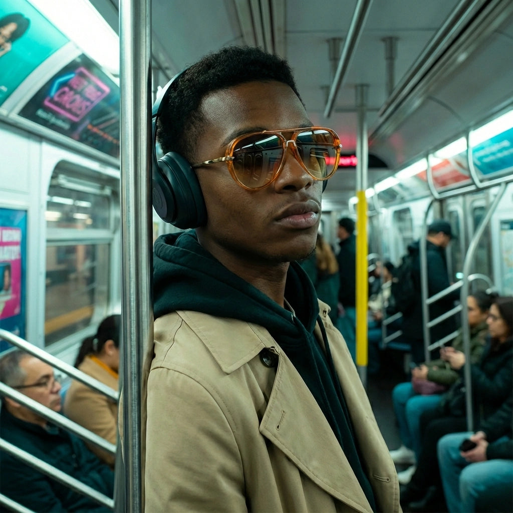 VELORA oversized aviator sunglasses with gradient amber lenses worn by a man in a subway, showing gold double-bridge frames.