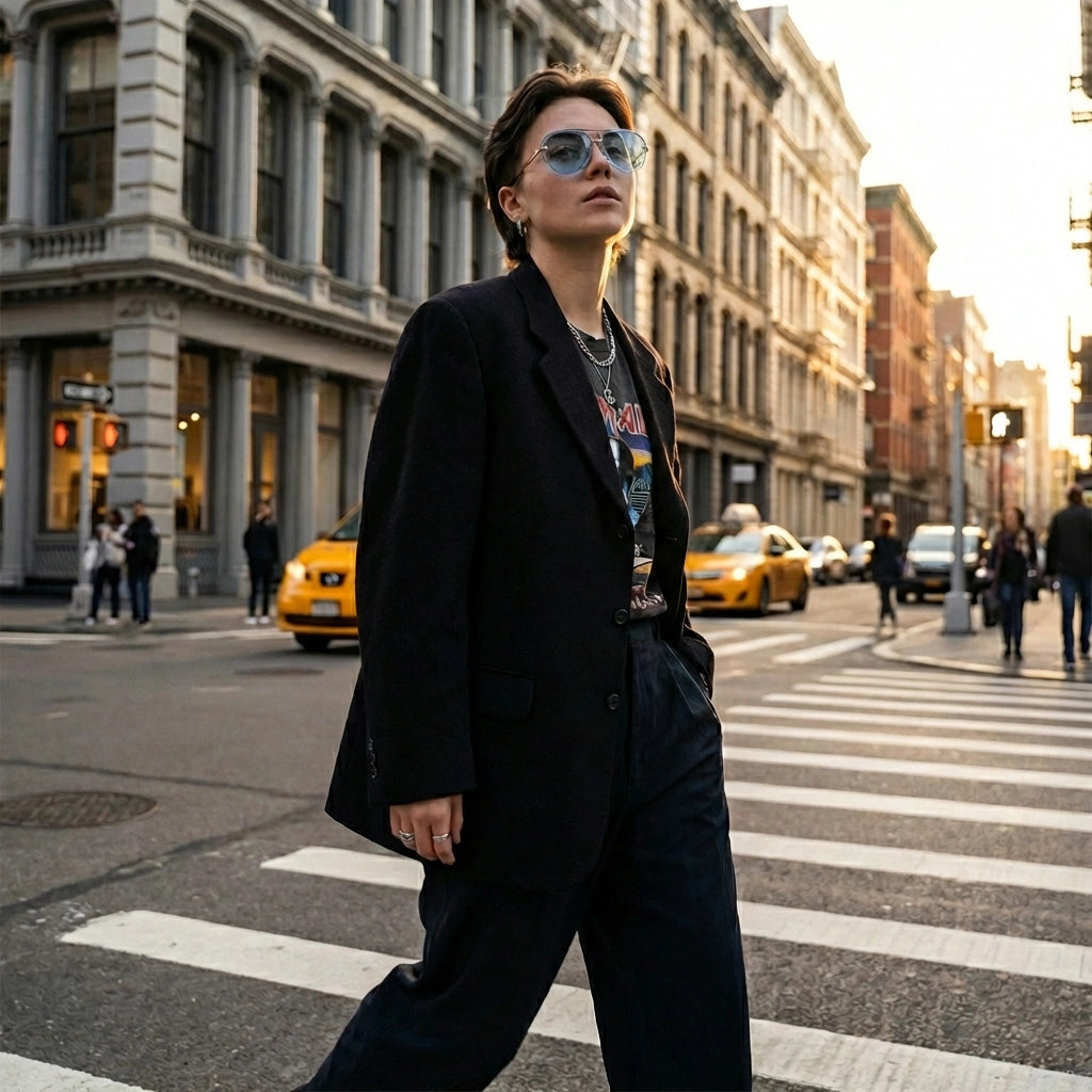 VELORA oversized aviator sunglasses with blue gradient lenses worn by a model in a chic urban street style outfit.