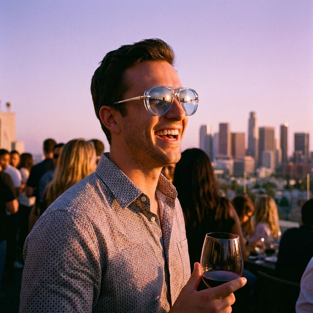 VELORA oversized aviator sunglasses featuring retro double bridge and gradient lenses, worn by a smiling man at a sunset rooftop party.
