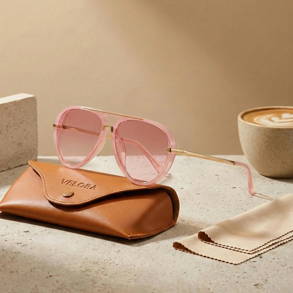 VELORA oversized aviator sunglasses in Rose Quartz pink with gold double-bridge frames and gradient lenses, resting on a branded leather case.