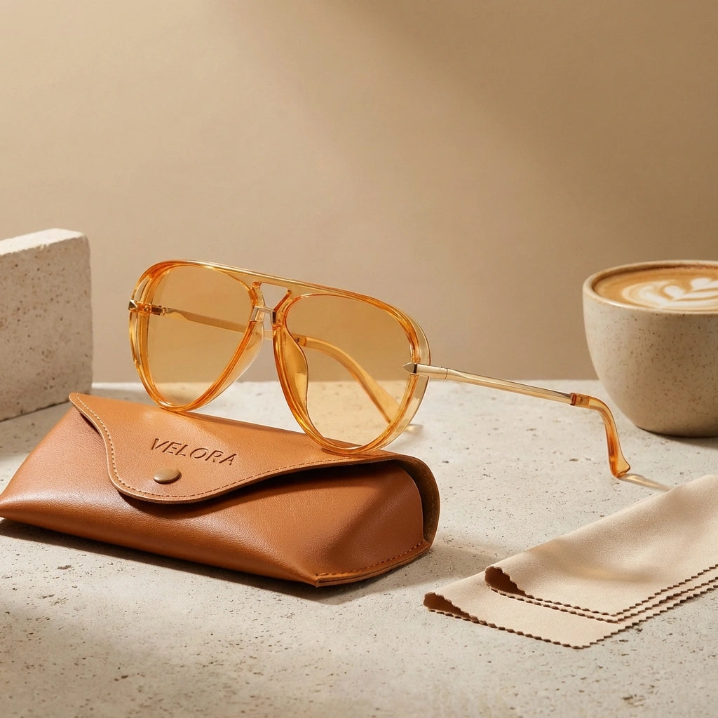 VELORA retro aviator sunglasses in amber gold with gradient lenses resting on a branded leather case next to a latte.