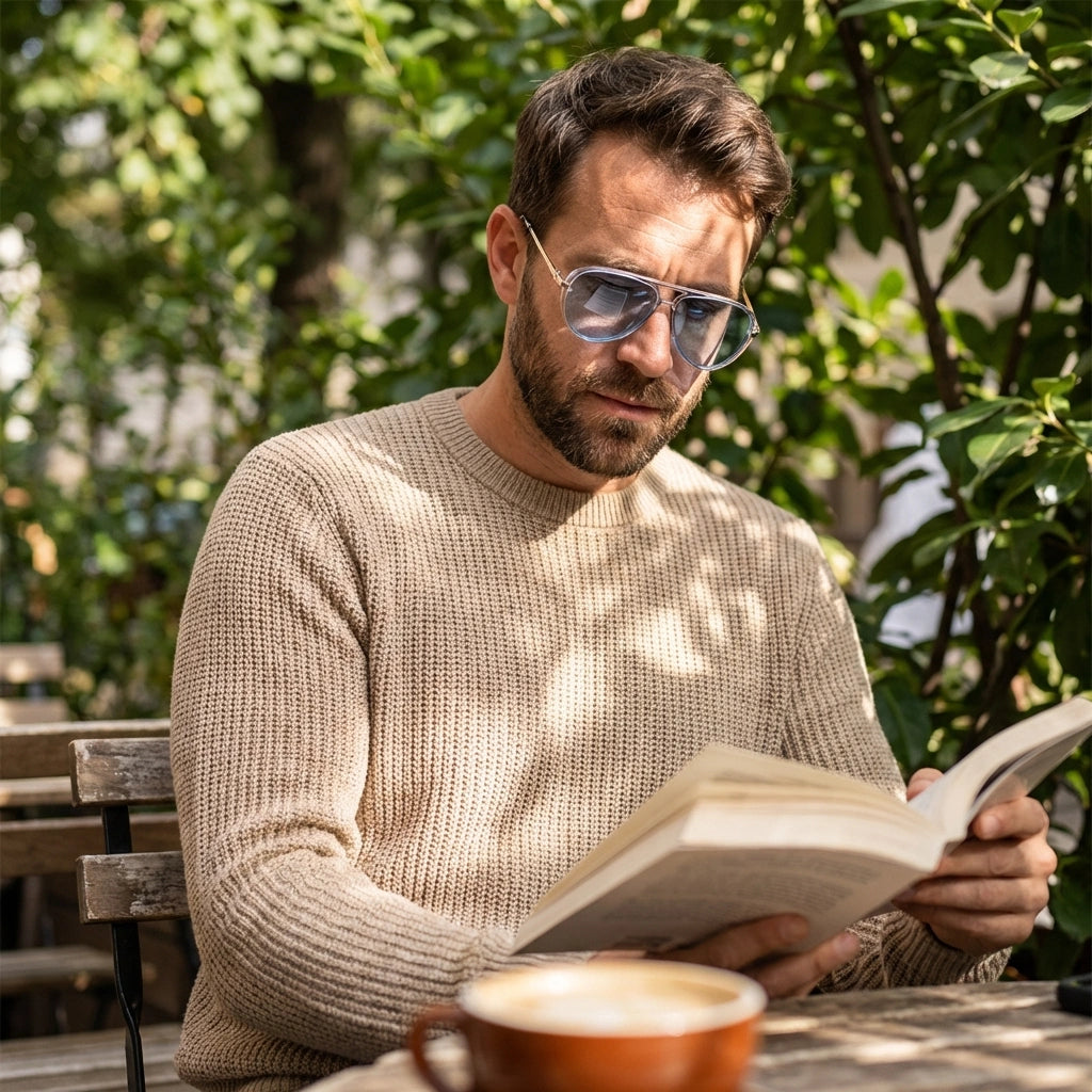 Man wearing VELORA retro aviator sunglasses with blue gradient lenses reading a book at an outdoor cafe.