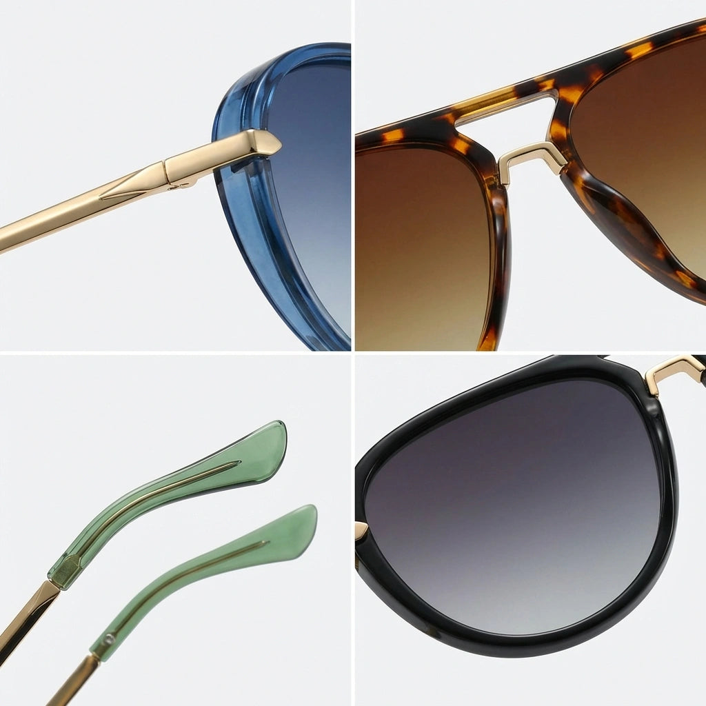 VELORA retro aviator sunglasses detail views showing gold alloy hinges, double bridge design, curved acetate temple tips, and gradient UV400 lenses.