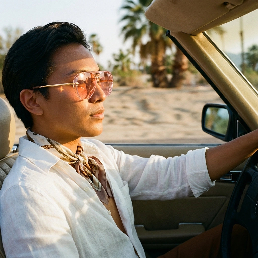 VELORA retro aviator sunglasses with pink gradient lenses and gold frames worn by a man driving a convertible car.