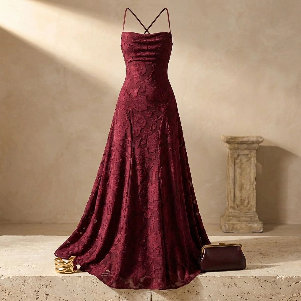 Burgundy Backless Jacquard Maxi Dress - Evening Gown