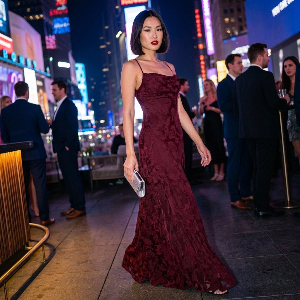 Burgundy Backless Jacquard Maxi Dress - Evening Gown | Veloura