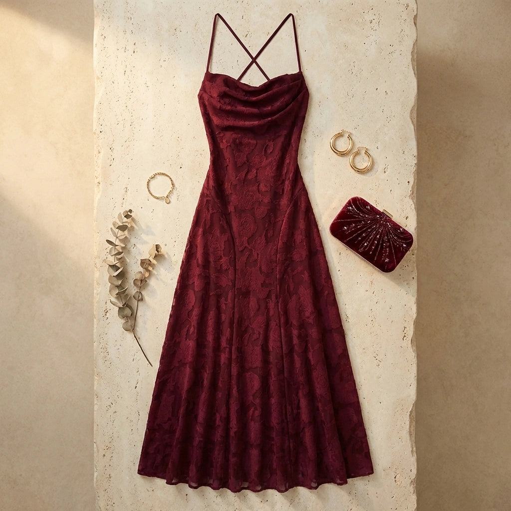 Veloura burgundy jacquard maxi dress flat-lay on stone surface, showing cowl neckline and floral texture styled with evening accessories.