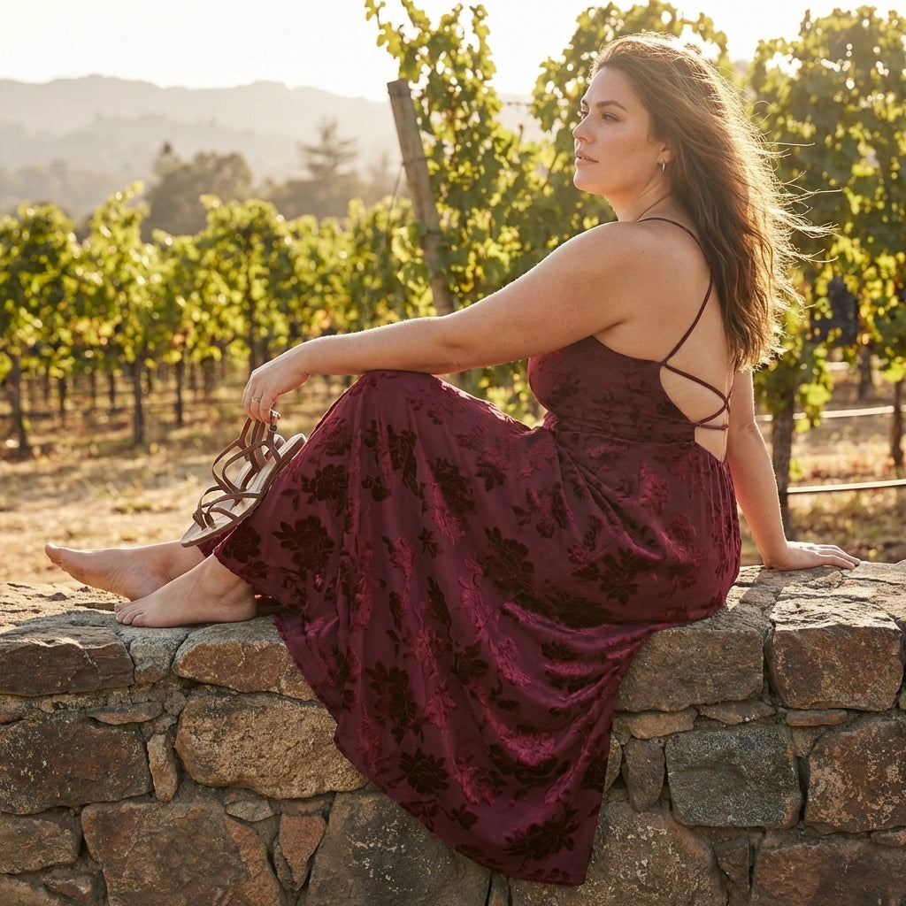 Burgundy Backless Jacquard Maxi Dress - Evening Gown