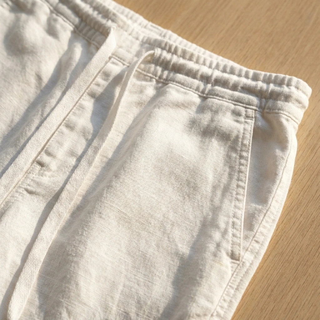 Ventoso men's linen trousers in beige, close-up view showing the adjustable drawstring waistband and natural cotton-linen fabric texture.