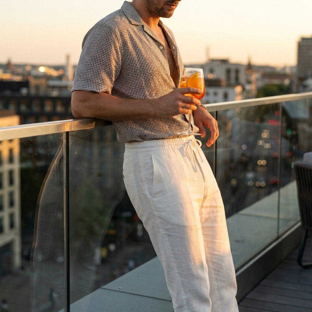 Ventoso men's linen trousers in ivory cream worn in a sunset rooftop setting, showing the relaxed straight-leg fit and adjustable drawstring waist.