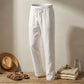Ventoso men's linen trousers in white with drawstring waist — front view showing breathable cotton-blend fabric and relaxed straight-leg fit.