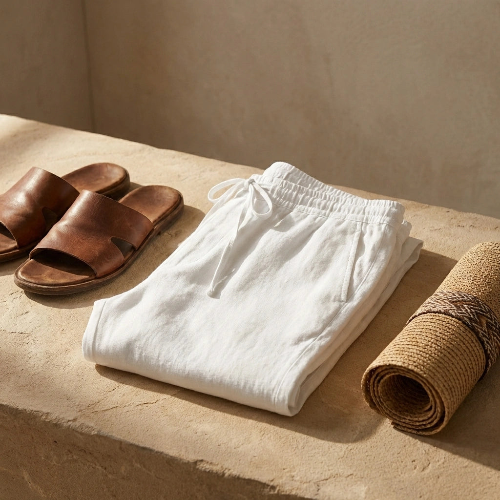 Ventoso men's white linen trousers folded showing drawstring waist and breathable texture, styled with sandals for a summer vacation look.