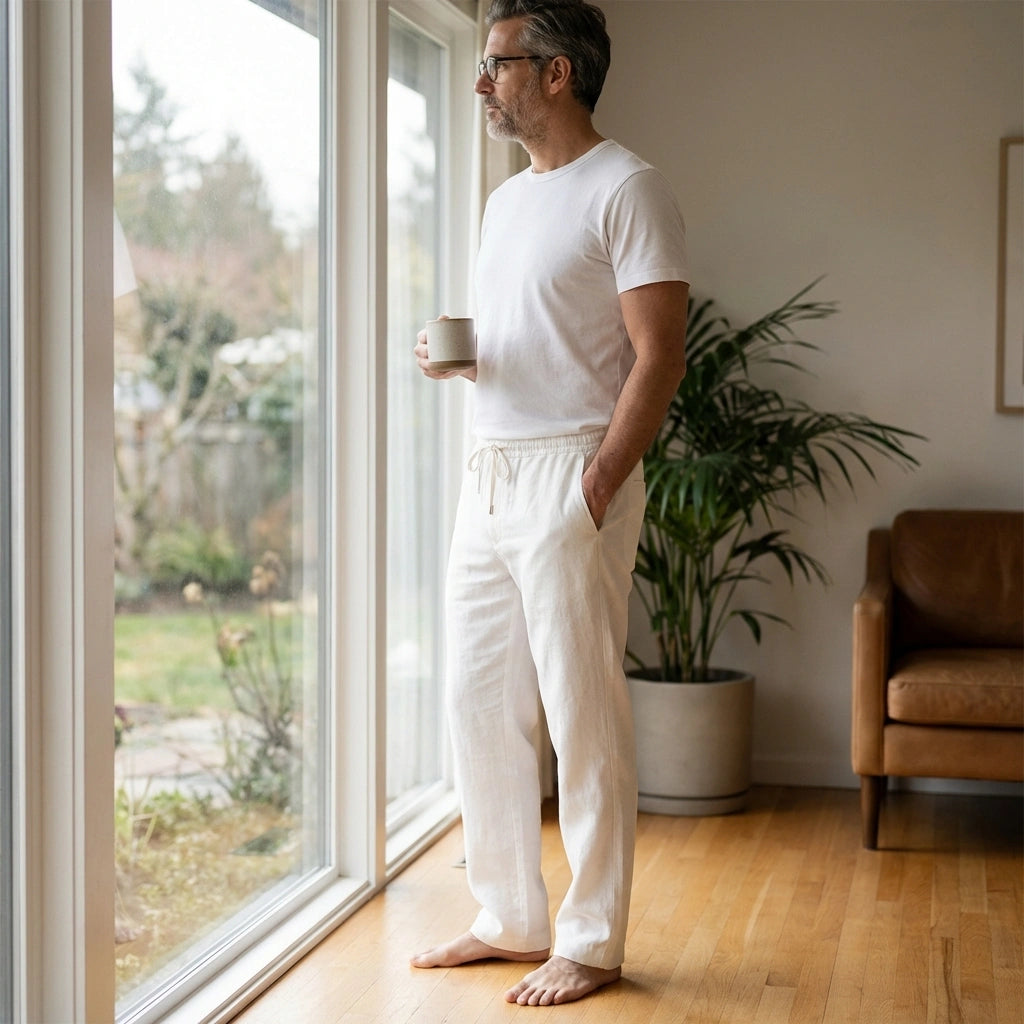 Ventoso men's linen trousers in white, worn by a man standing by a window, showing the adjustable drawstring waist and relaxed straight-leg fit.