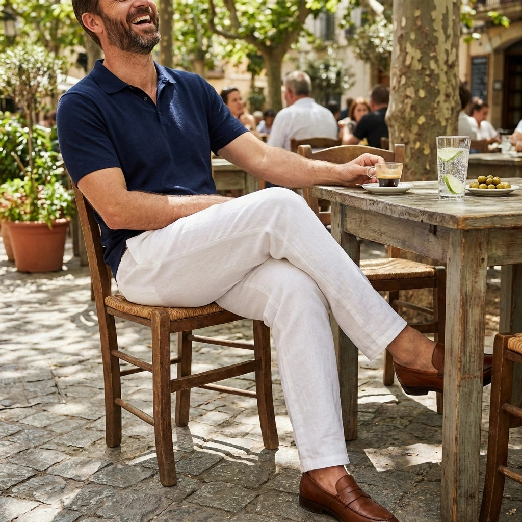 Ventoso men's white linen trousers in a breathable cotton-blend, worn by a model sitting at a sunny outdoor cafe.