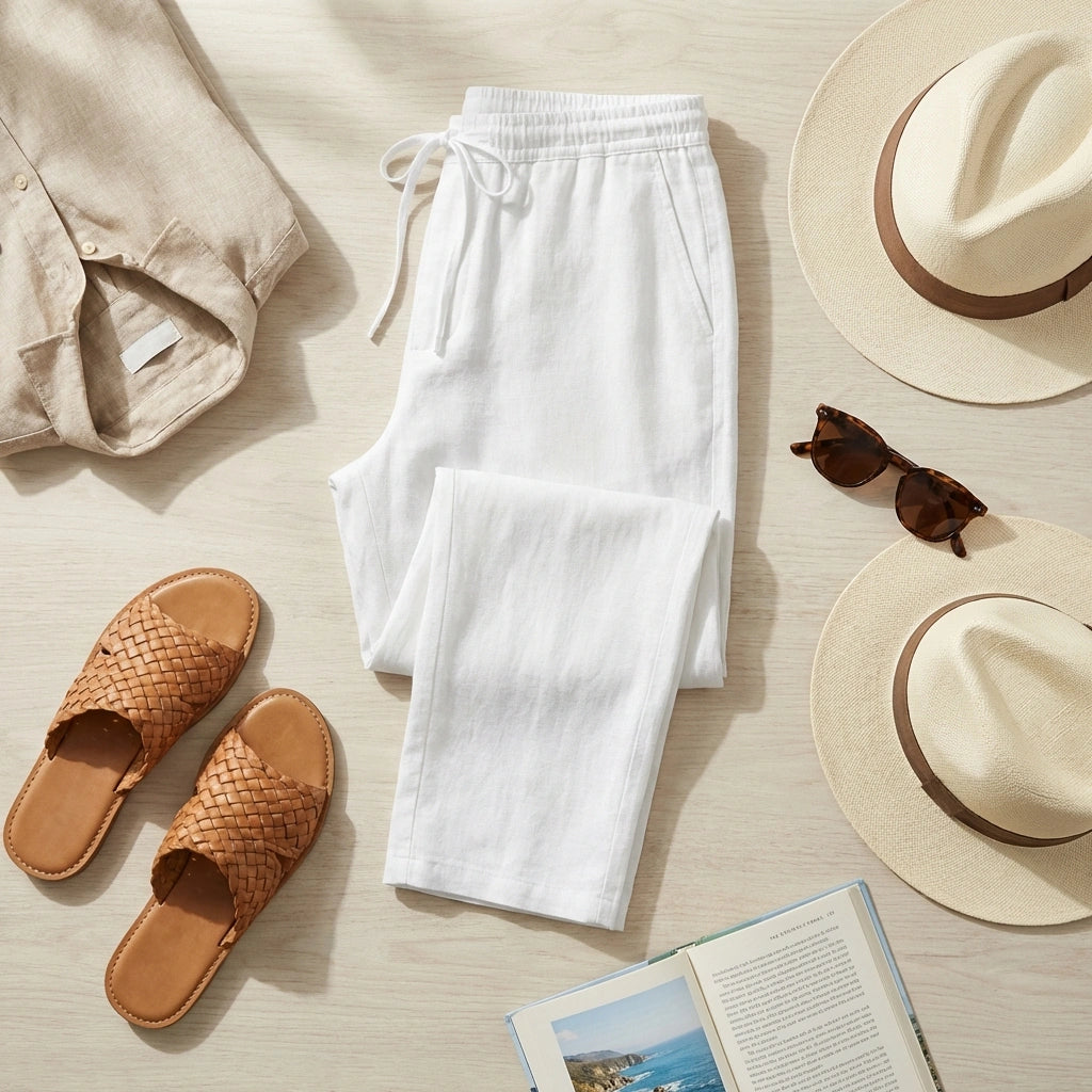 Ventoso men's white linen trousers folded in a summer vacation flat lay with straw hats, woven leather sandals, and sunglasses.