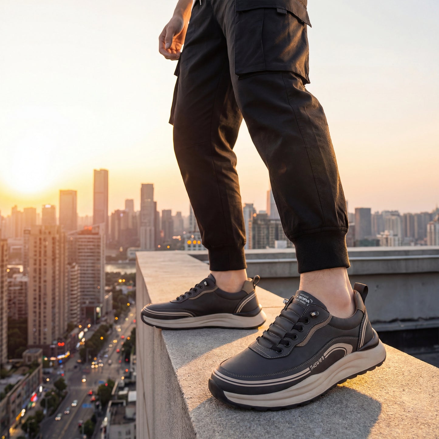 Vexor men's shock absorbing sneakers in black microfiber leather worn on a city rooftop, side view showing the thick beige EVA sole.