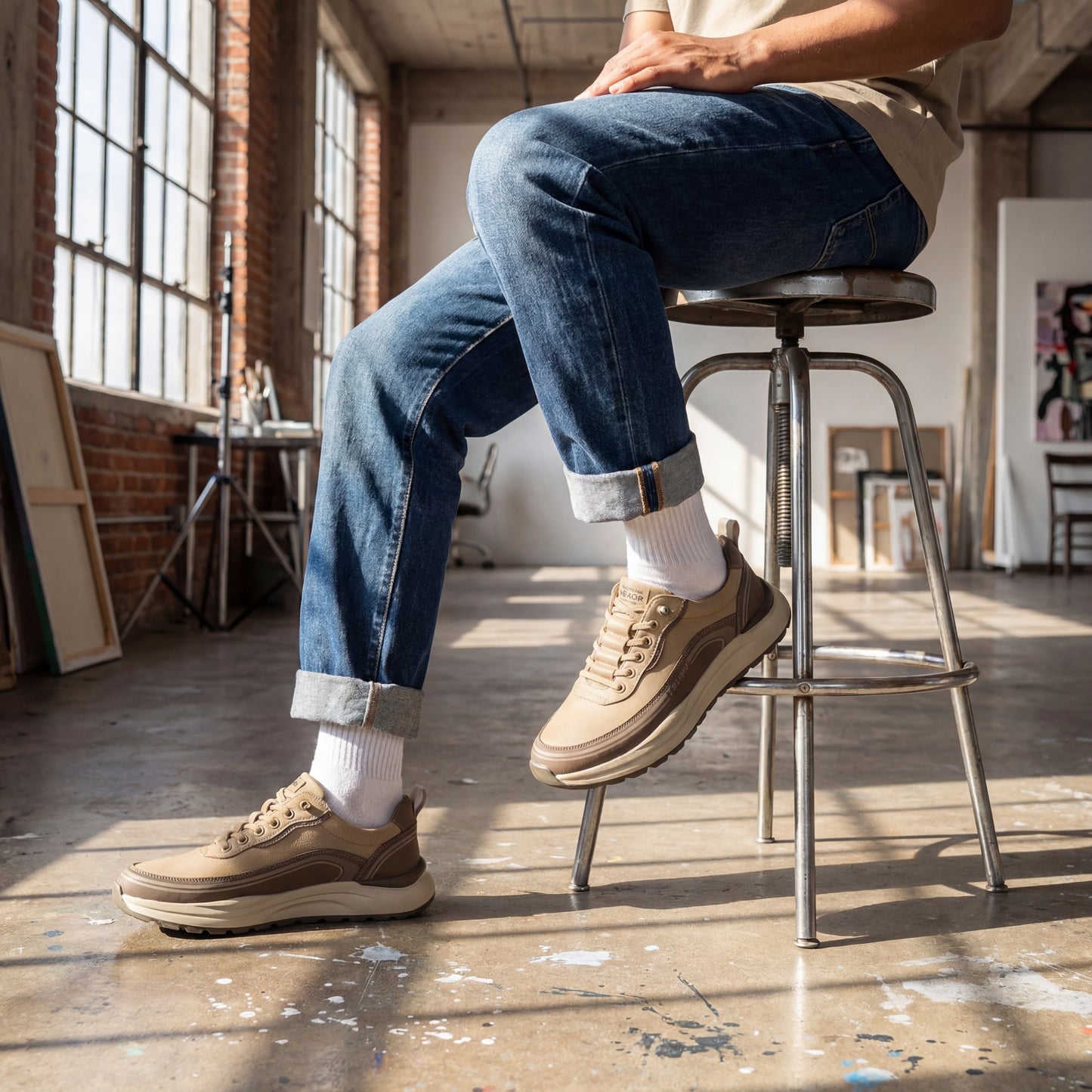 Vexor men's shock absorbing sneakers in khaki microfiber leather worn with blue jeans and white socks in an industrial loft setting.