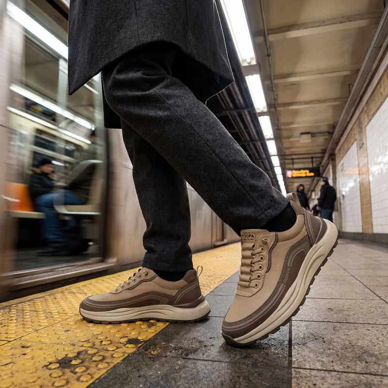 Vexor shock-absorbing urban sneakers in khaki microfiber leather worn on a subway platform, showing the thick EVA sole and side profile.