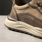 Vexor urban sneakers in khaki microfiber leather, close-up detail showing the thick shock-absorbing EVA sole and reinforced heel stitching.