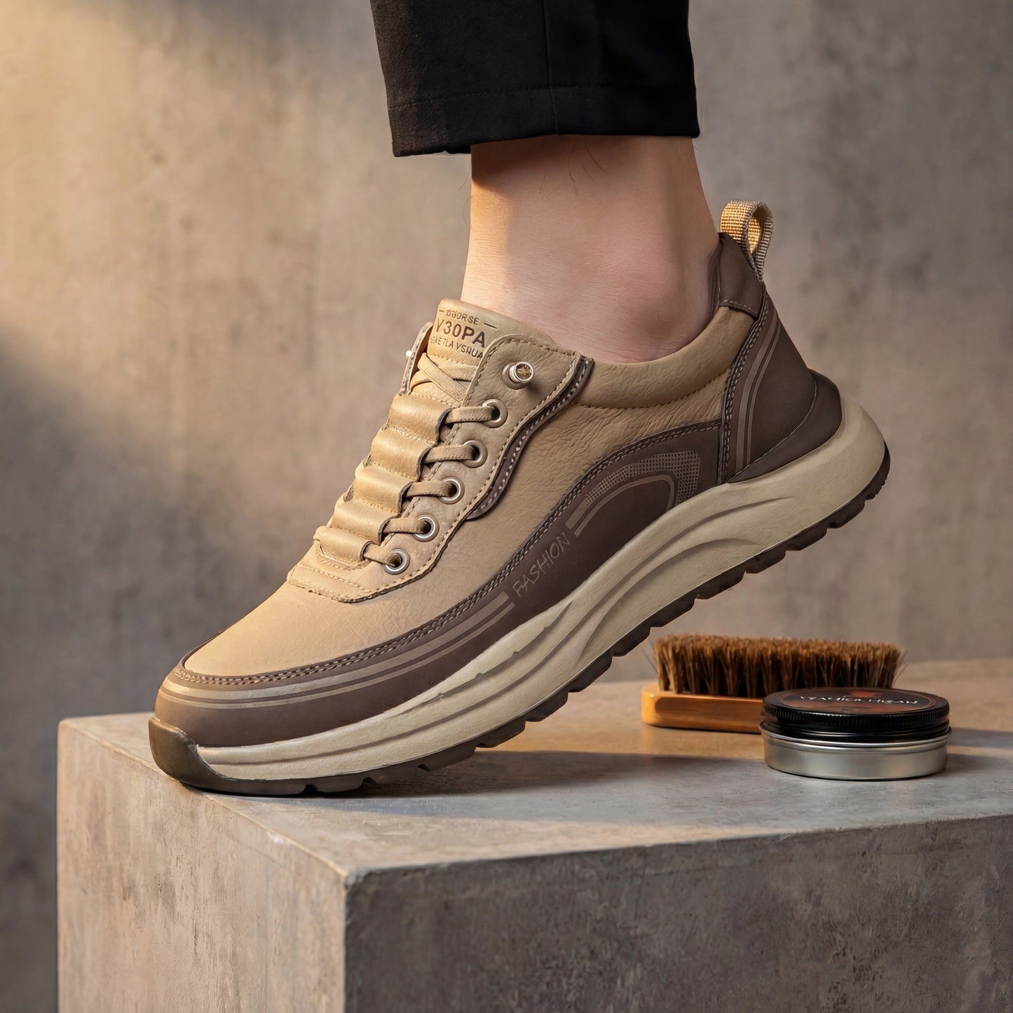Vexor urban sneakers in khaki microfiber leather, side view worn on a concrete block showing the thick shock-absorbing EVA sole and stitched panel details.