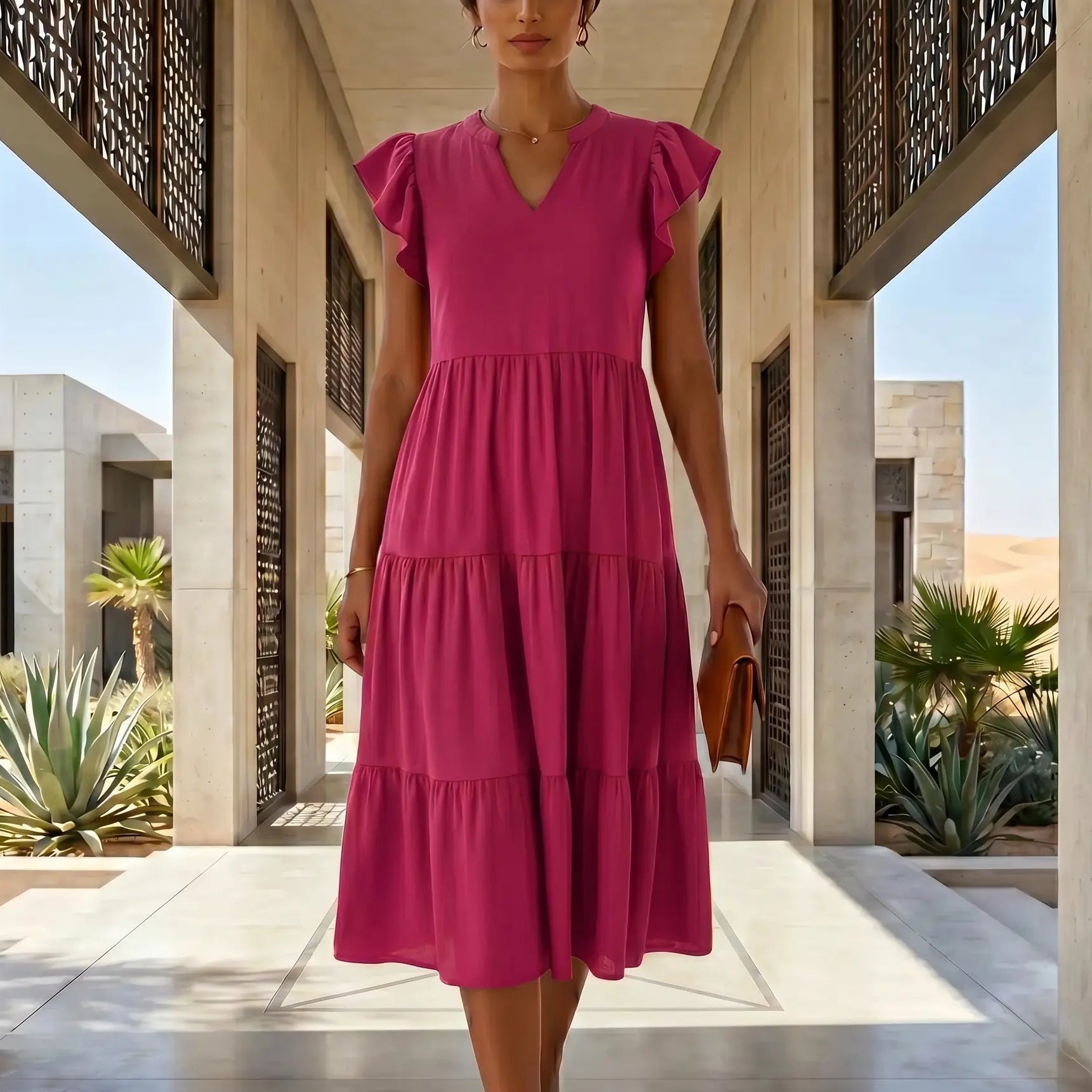 Female model walks forward, wearing a Vibrant Rose Torvun Ruffled Tiered Midi Dress with V-neck and flutter cap sleeves. The dress features a three-tiered skirt, styled in an elegant outdoor architectural setting.