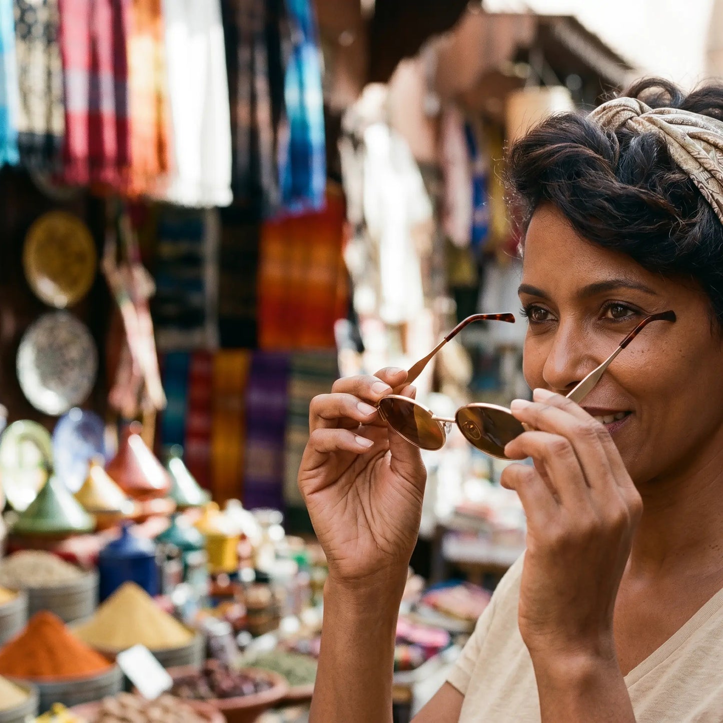 Model with gold-rimmed oval sunglasses in a vibrant market setting, showcasing vintage bohemian style.