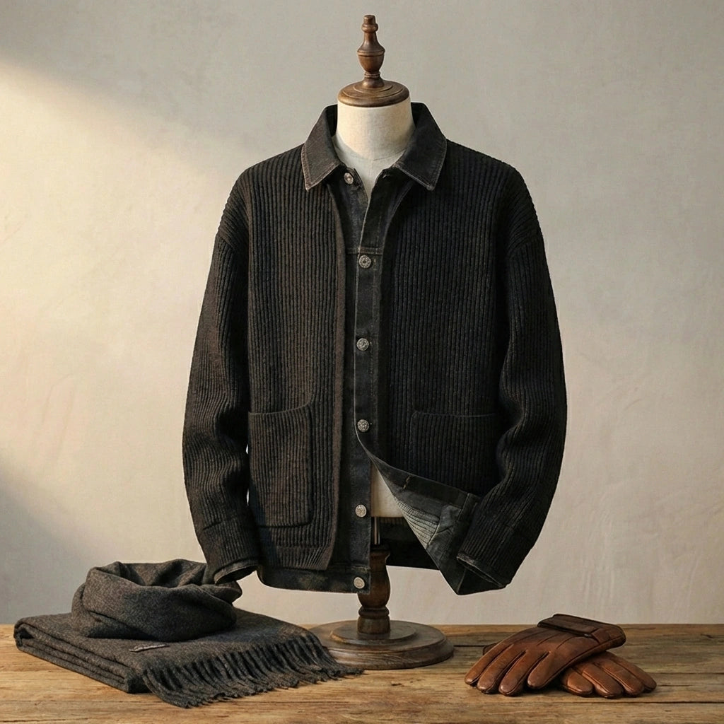Vornex hybrid denim knit cardigan in black displayed on a mannequin with winter accessories — front view showing the structured denim collar.