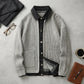 Vornex hybrid denim knit cardigan in gray and black, flat lay view showing the thermal ribbed texture and structured denim collar.
