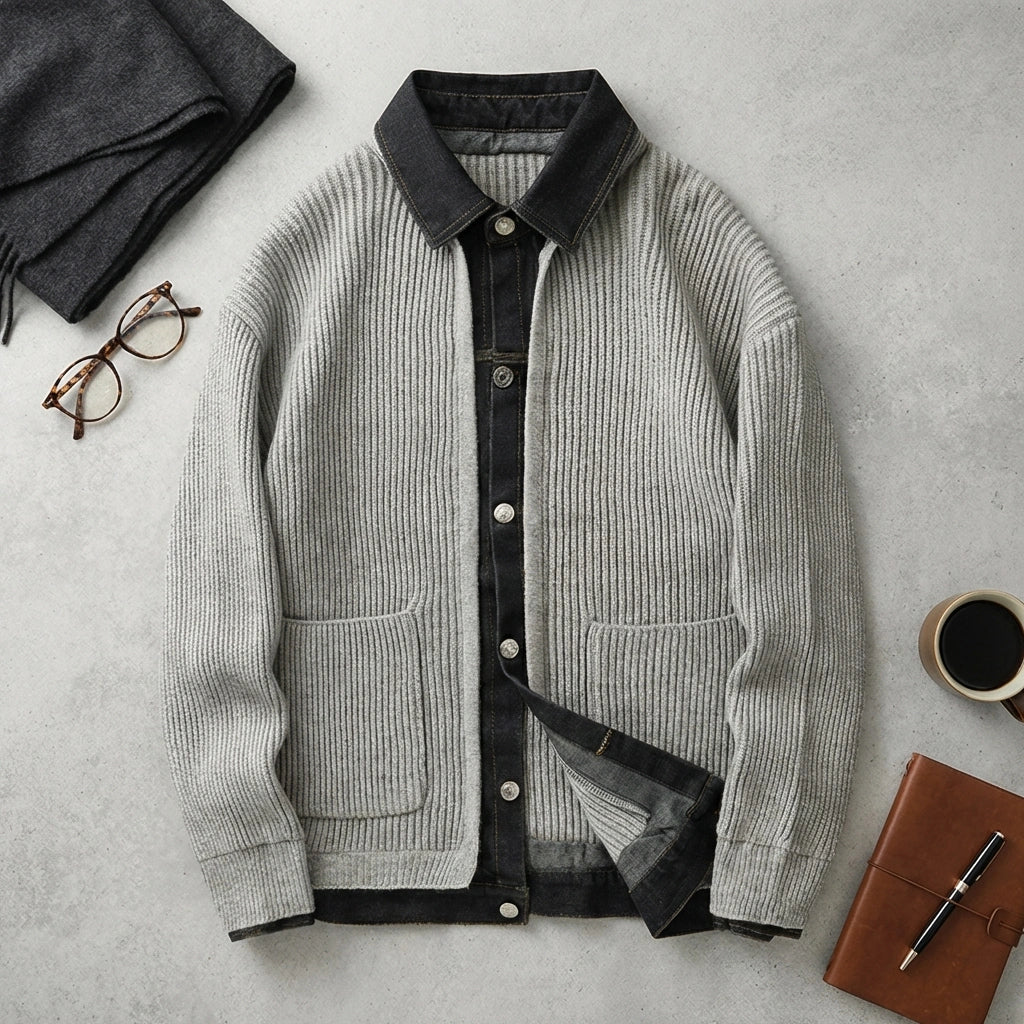 Vornex hybrid denim knit cardigan in gray and black, flat lay view showing the thermal ribbed texture and structured denim collar.