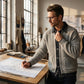 Vornex hybrid denim knit cardigan in grey worn by an architect in a studio — three-quarter view showing the heavy ribbed thermal texture and structured denim collar.