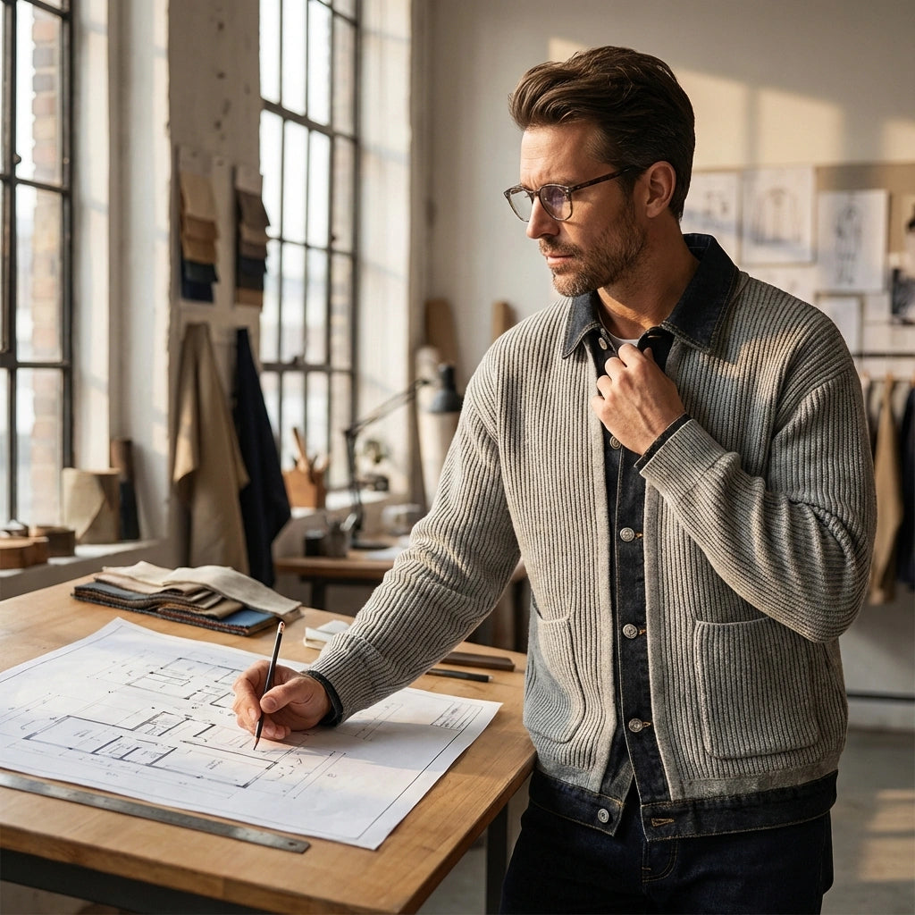 Vornex hybrid denim knit cardigan in grey worn by an architect in a studio — three-quarter view showing the heavy ribbed thermal texture and structured denim collar.