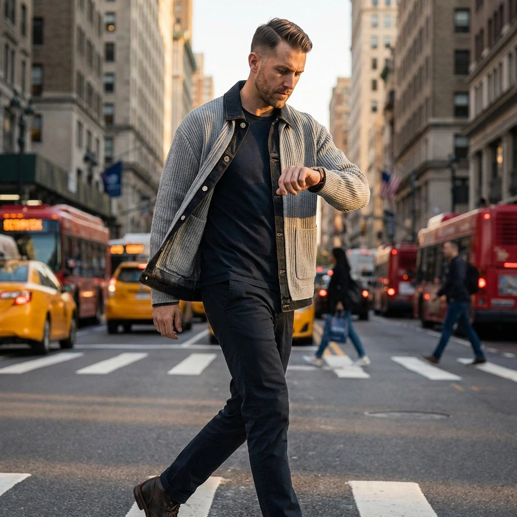 Vornex hybrid denim knit cardigan in grey worn by a man walking in the city, showing the structured denim collar and thermal ribbed texture.