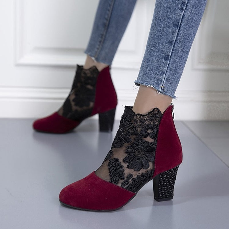 Lace-Accent Block Heel Ankle Boots