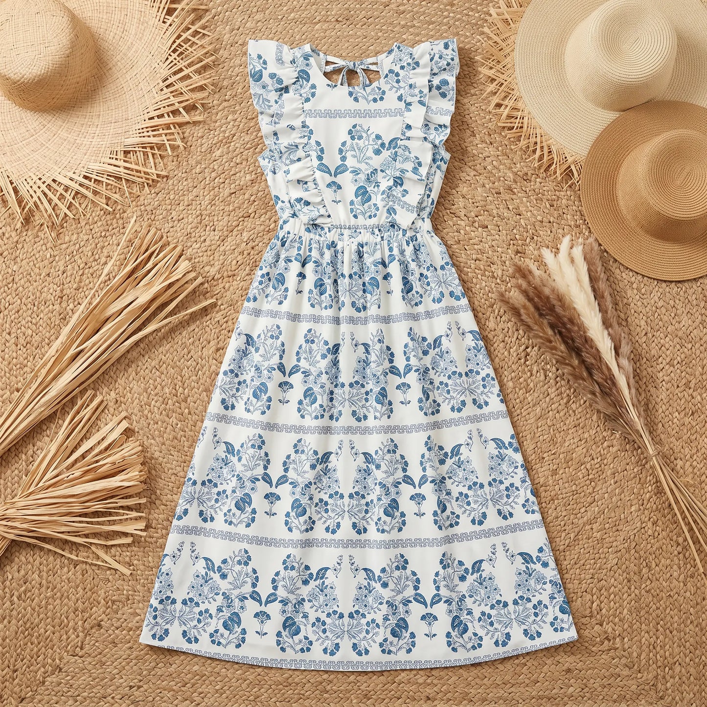 Bohemian white midi dress with blue floral print, featuring ruffled cap sleeves, a tie-back open back, and an elasticated waist, styled with straw hats on a jute rug.