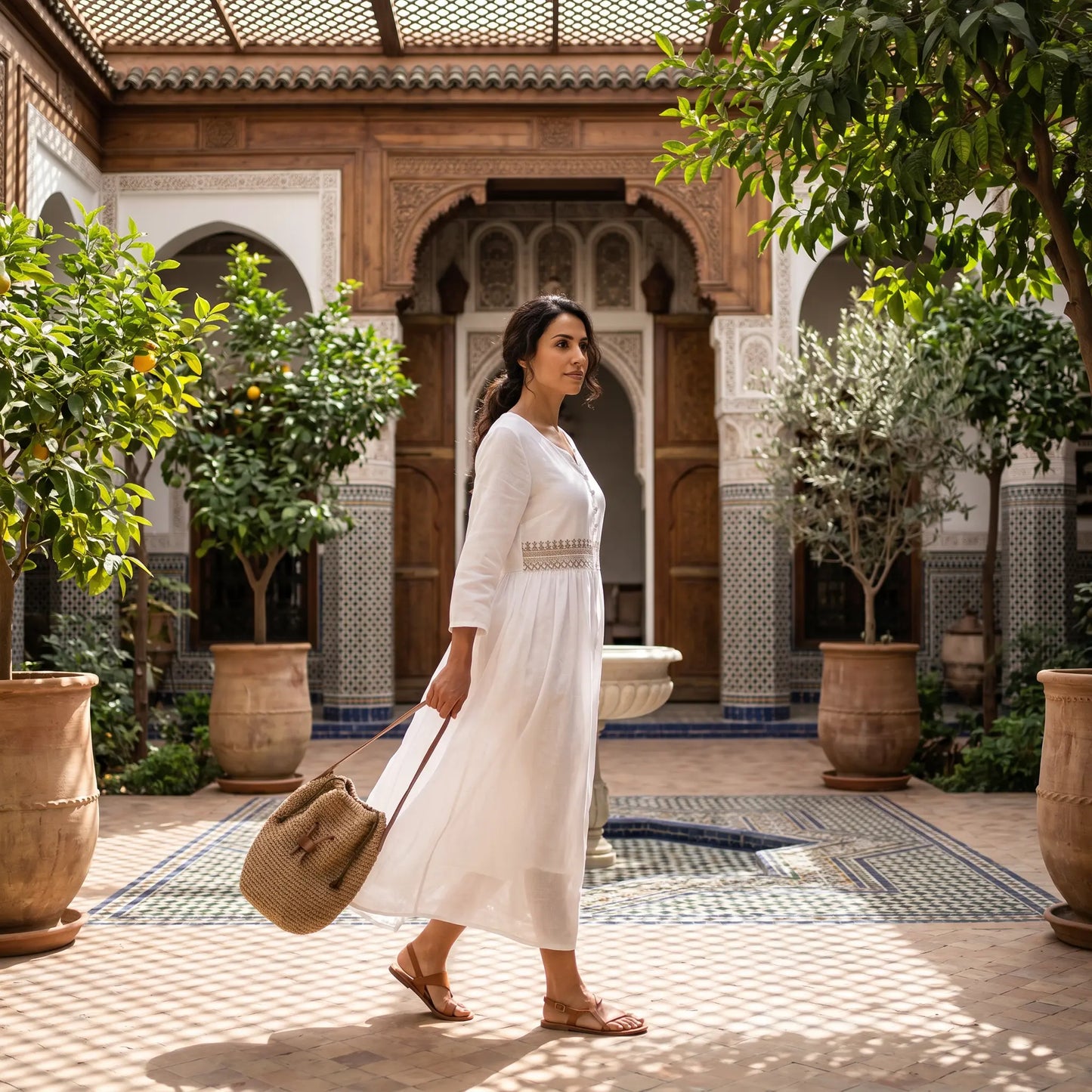 Woman in a white Kivren bohemian embroidered linen midi dress, featuring a notched V-neck and three-quarter sleeves, walking through a beautiful riad courtyard.