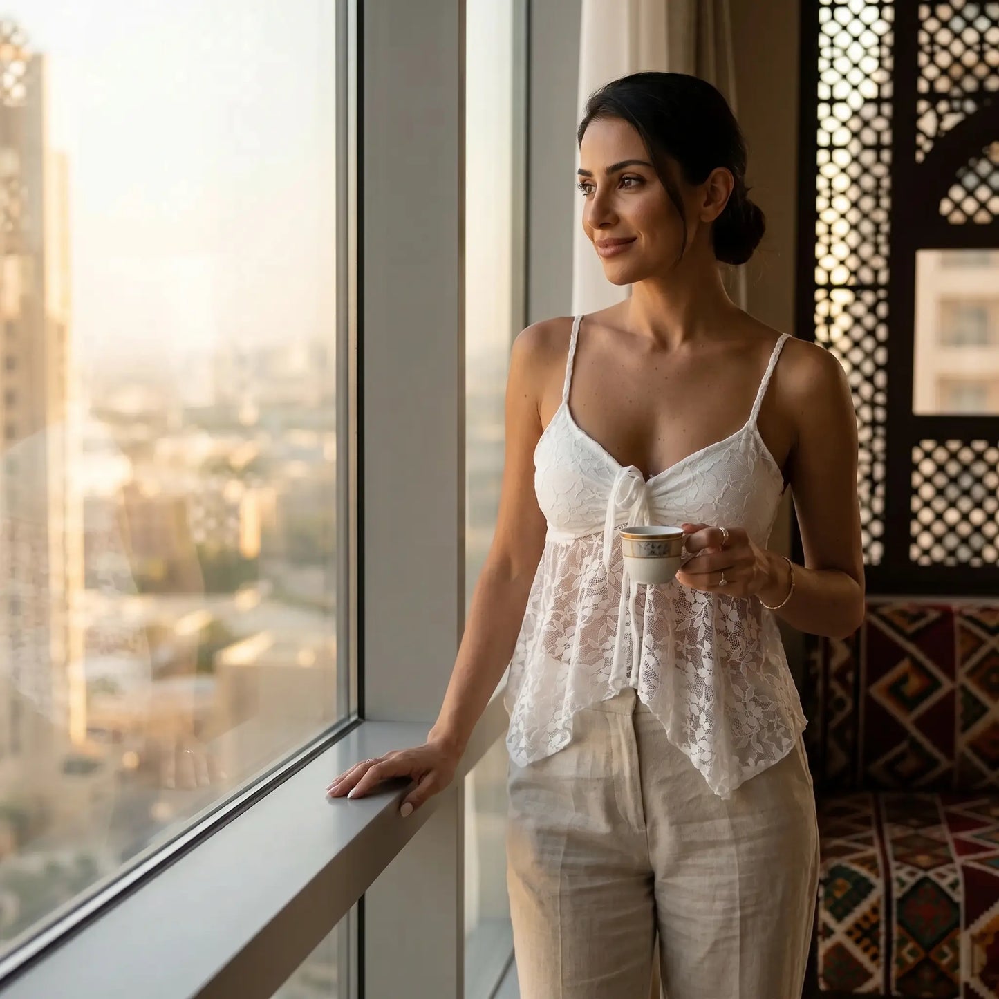 A woman with her hair in a bun, wearing a delicate white floral lace camisole with thin spaghetti straps and a tie-front V-neckline, stands by a window holding a teacup.