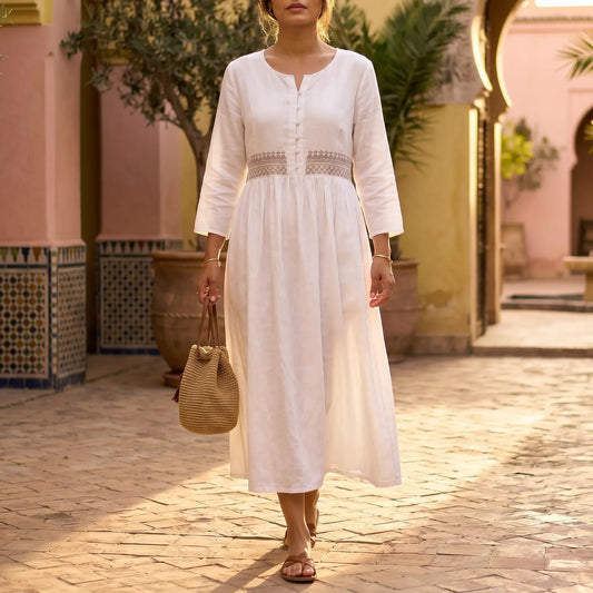 Kivren - Bohemian Embroidered Linen Midi Dress