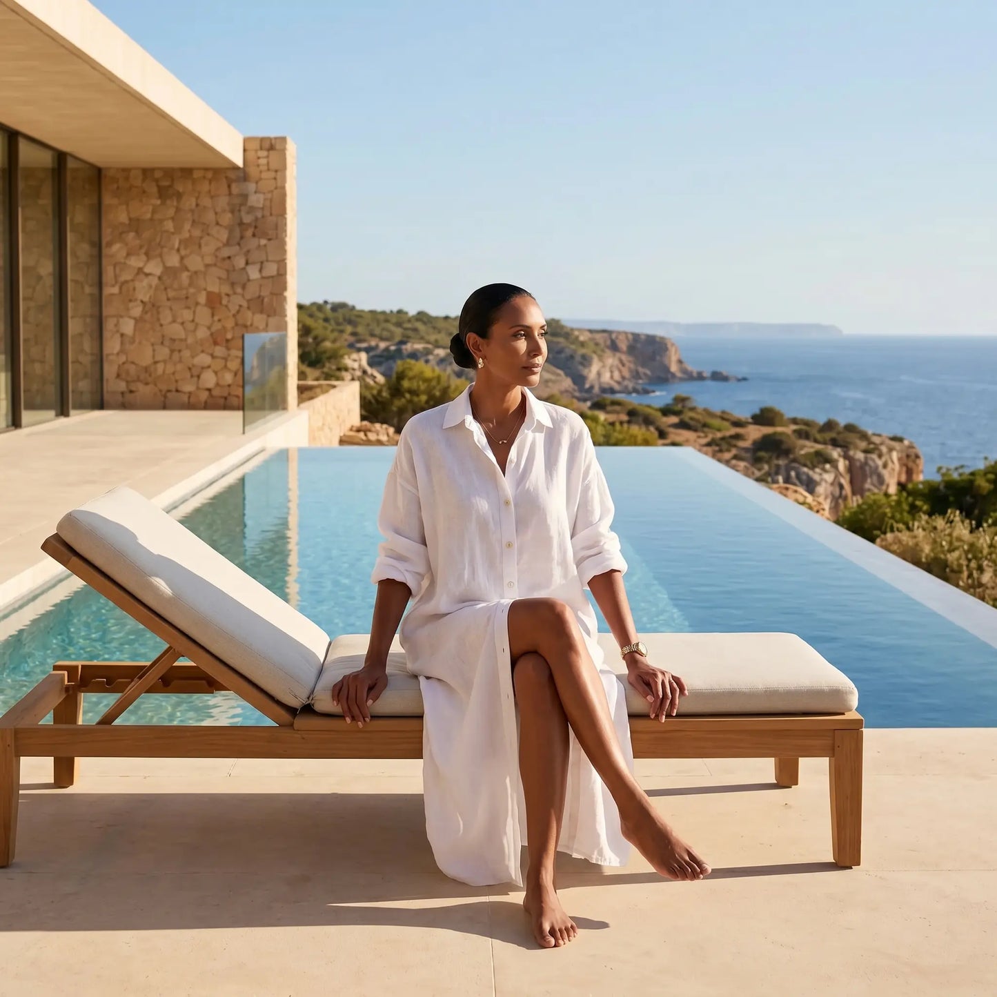 Woman in a white linen-blend maxi shirt dress with rolled sleeves, sitting elegantly on a poolside lounge chair overlooking the ocean on a bright day.