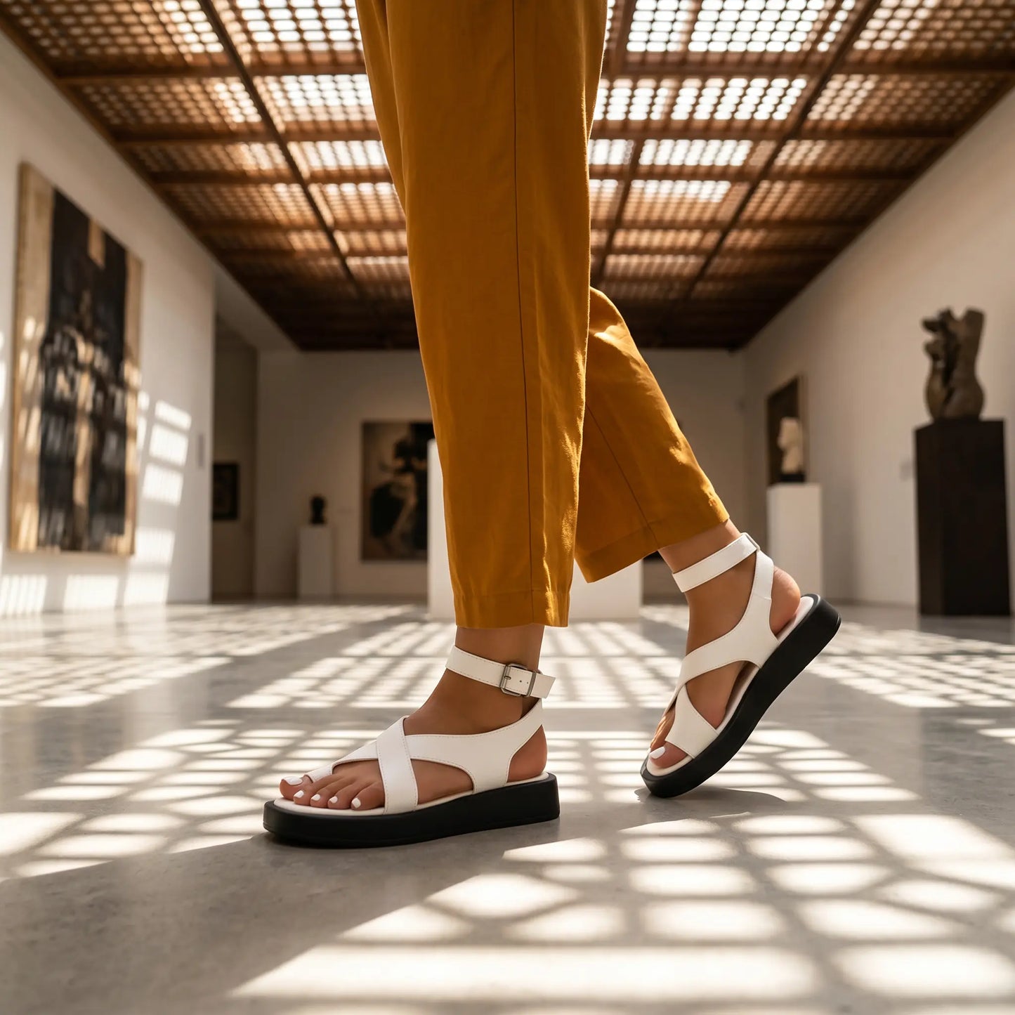 White platform cross-strap Roman sandals with a toe loop and ankle buckle, worn by a person in an art gallery with patterned shadows.