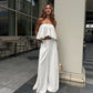 Aethel - White Ruffle Crop Top Wide Leg Trousers Set