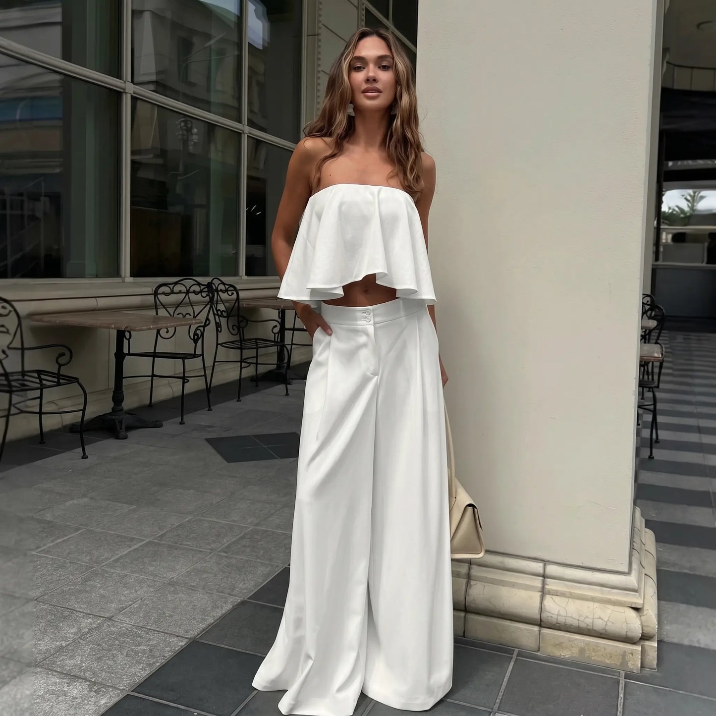 Aethel - White Ruffle Crop Top Wide Leg Trousers Set