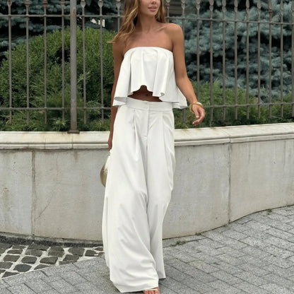 Aethel - White Ruffle Crop Top Wide Leg Trousers Set