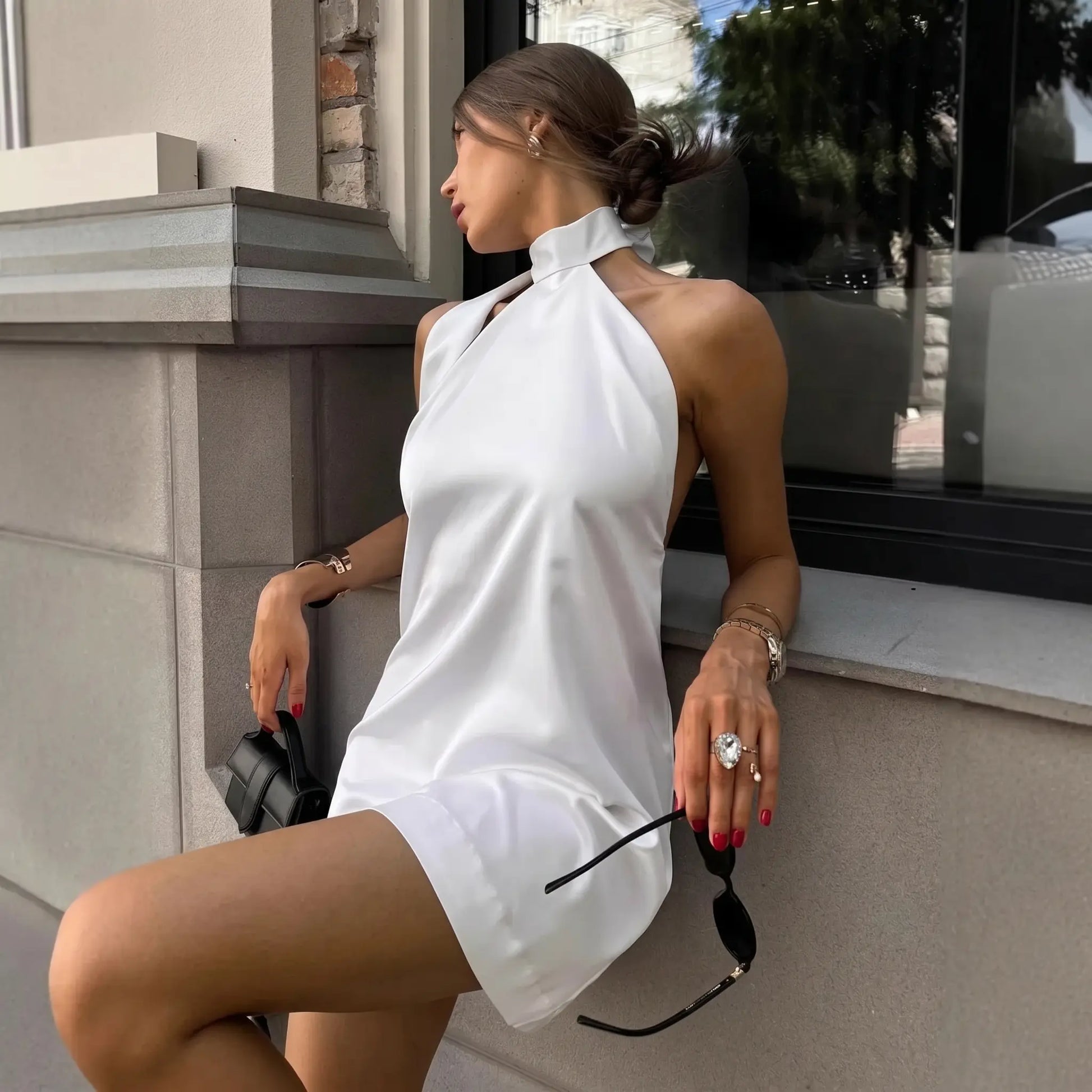 White Satin Halter Neck A-Line Mini Dress, Sleeveless, Open Back, Side Zipper – RiveMonde