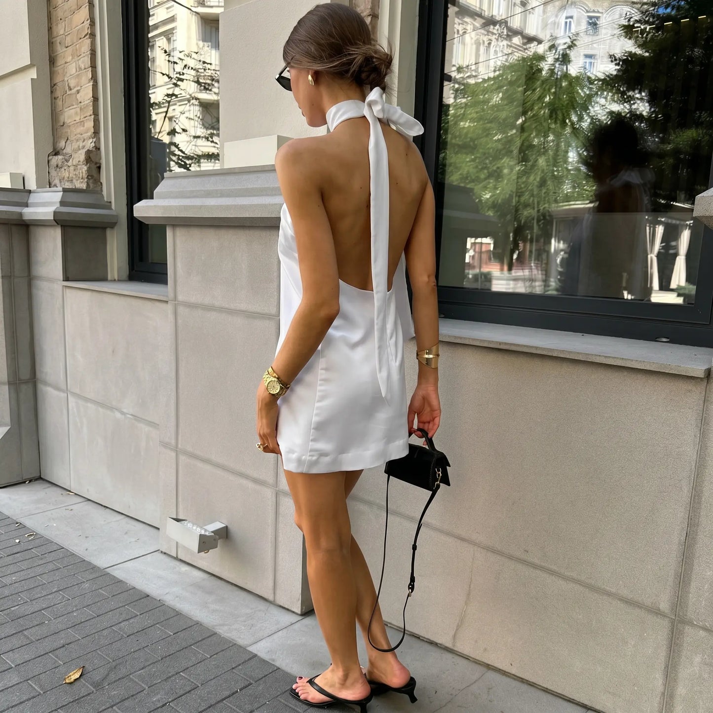 Kevori - White Satin Halter Dress