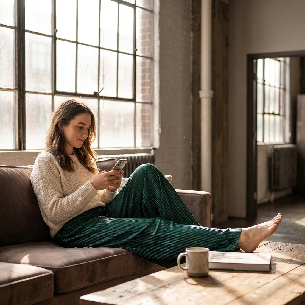 Woman sitting on a sofa wearing deep teal wide-leg pleated plisse trousers with a lustrous finish in a sunlit loft.