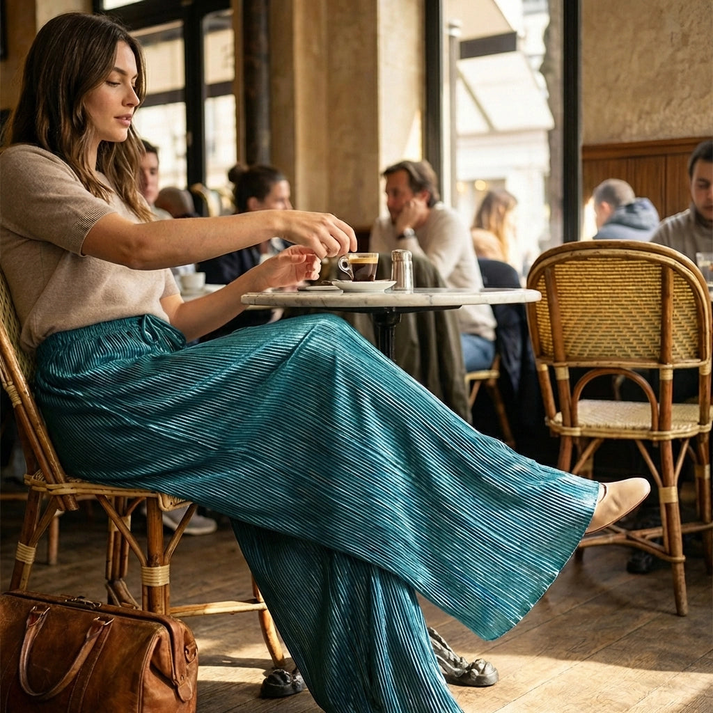Woman wearing deep teal wide leg pleated plissé trousers with a high-waist fit, sitting at a cafe table.