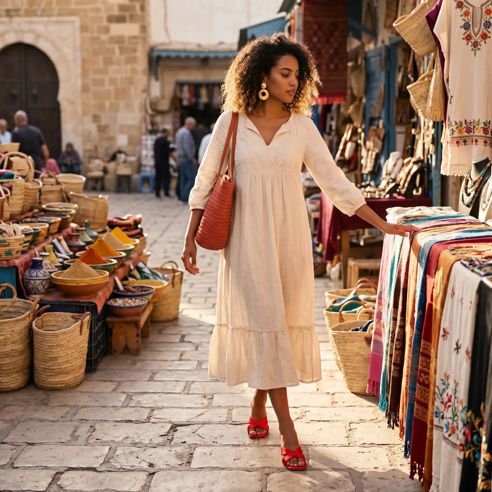 A woman strolls through a vibrant outdoor market, showcasing a flowing cream midi dress and eye-catching red stiletto sandals with a cross-strap detail. She carries a woven orange tote bag and wears large gold hoop earrings. She is browsing market stalls filled with textiles and baskets, embodying a bohemian summer style.