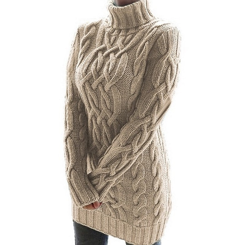 Cable-Textured Turtleneck Sweater Dress