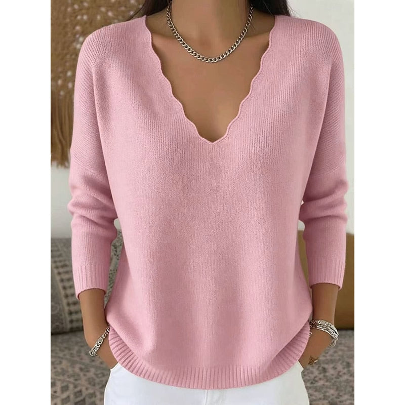 Scalloped V-Neck Pullover