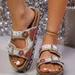 Close-up of rose pink Xylos platform slide sandals adorned with intricate white and colorful beads and sequins, featuring double adjustable straps and a layered cork-effect sole.